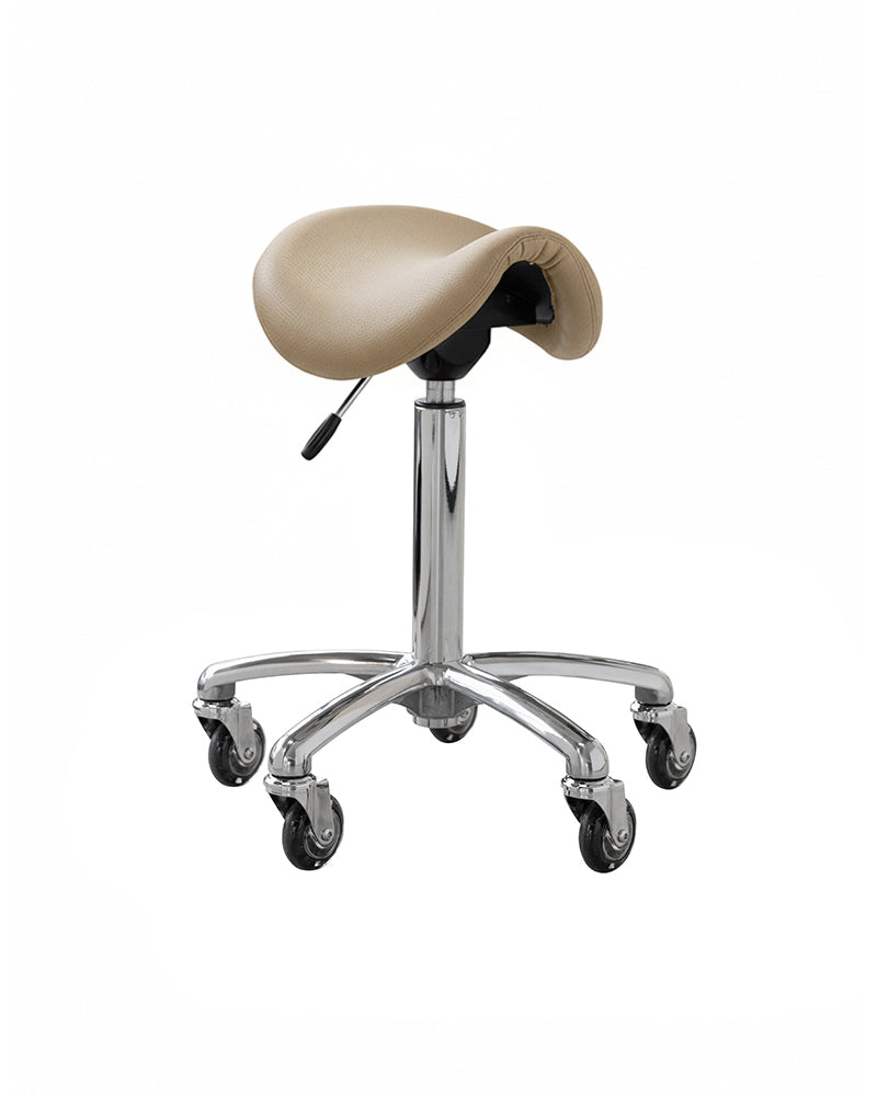 Stella - saddle stool in aluminum with beige upholstery and roller wheels