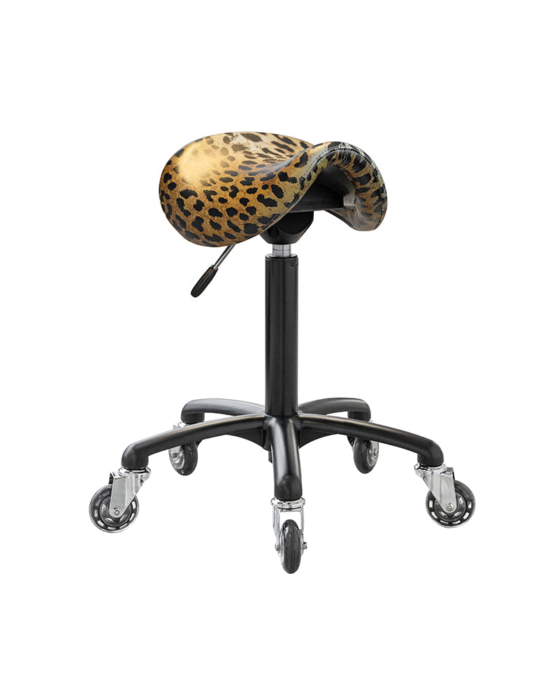 Stella - black saddle stool with leopard upholstery and caster wheels