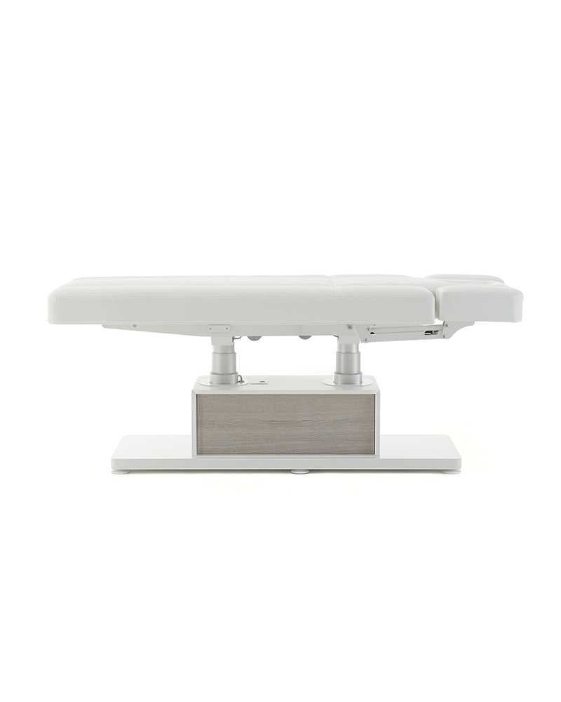 The Clair - White massage table with details in gray oak pattern - with motor - with adjustable armrests