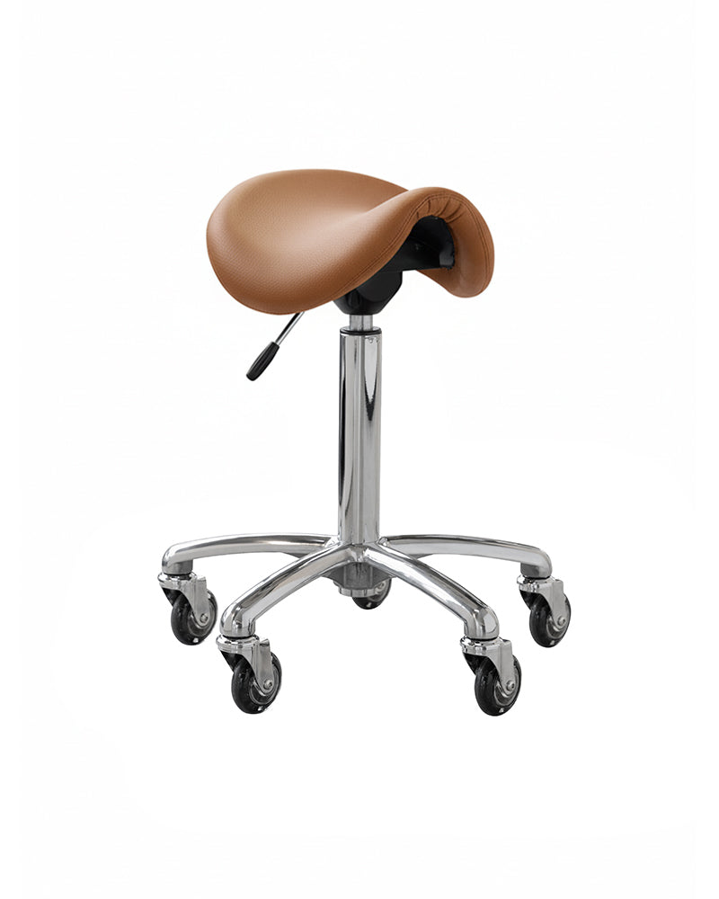 Stella - saddle stool in aluminium and brown with roller wheels
