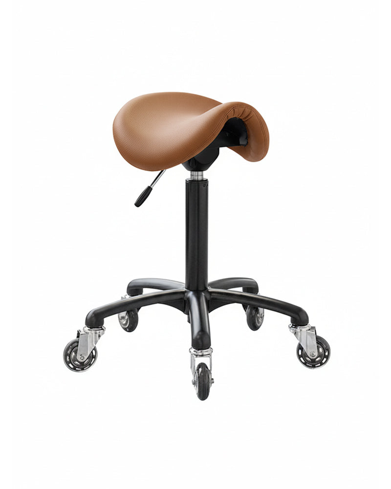 Stella - saddle stool in black and brown with roller wheels